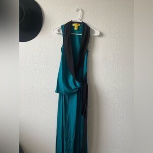 Catherine Malandrino | black and teal wrap low neck silk gown